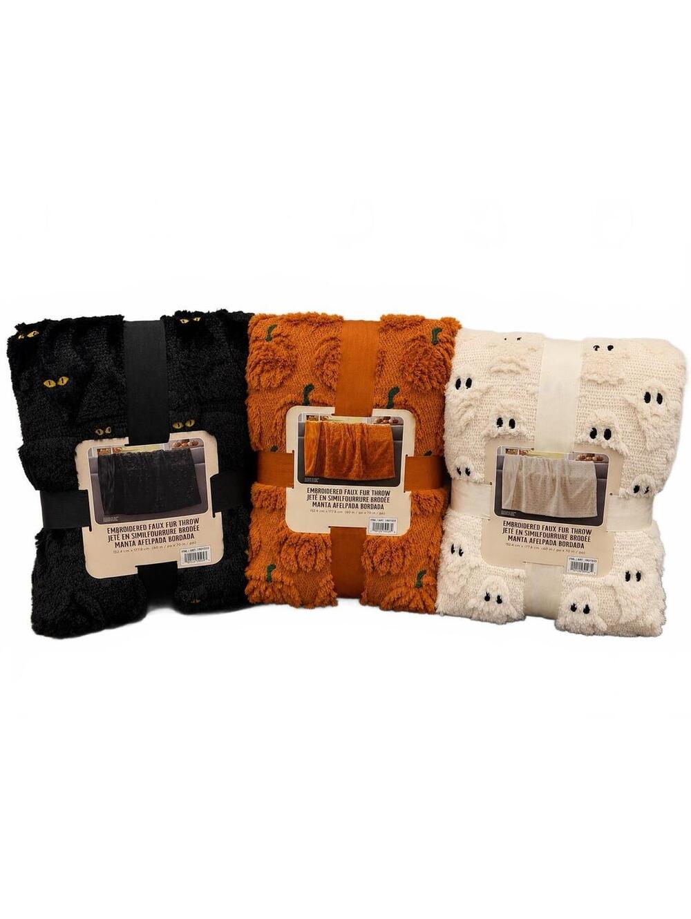 Halloween Faux Fur Throw Blanket Lot of 3 Ghost Cat Pumpkin